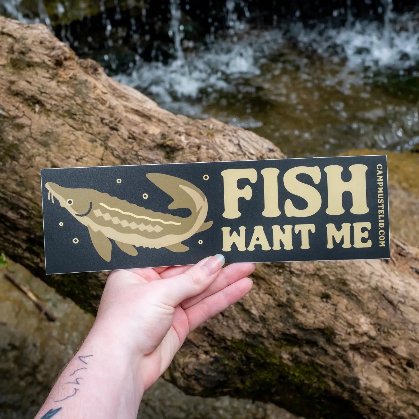 Camp Mustelid “Fish Want Me” Sturgeon Car Bumper Sticker