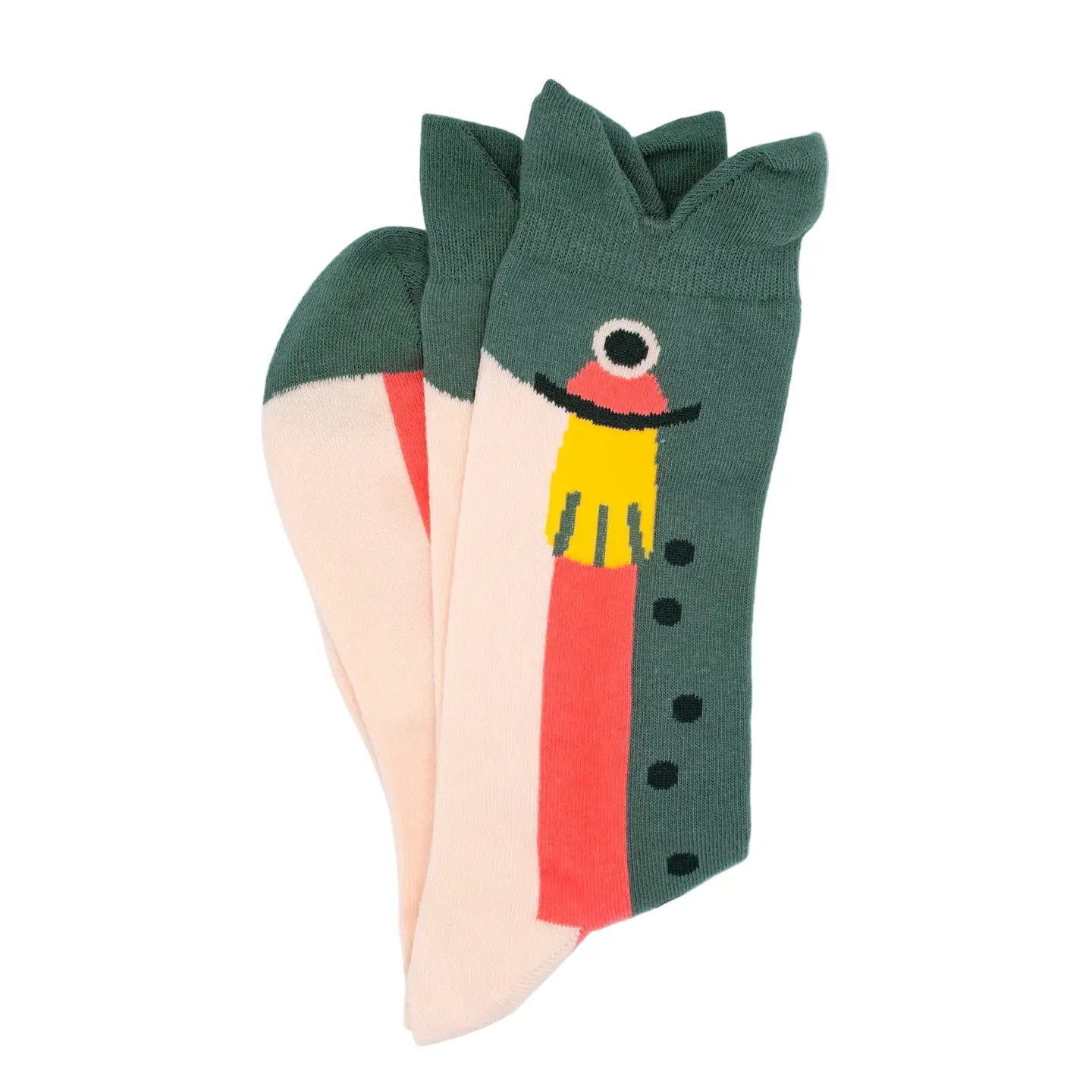 Camp Mustelid Trout Socks feature a cartoon snowman, green tops, yellow scarf, black buttons—fun winter-themed socks for all ages.