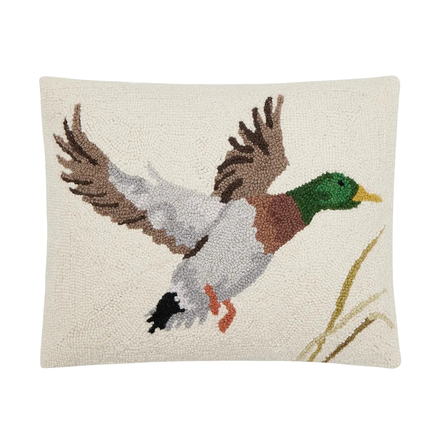 Camp Wandawega Mallard Hook Pillow by Peking shows a mallard duck on grass, cream background, rustic cabin decor accent pillow.