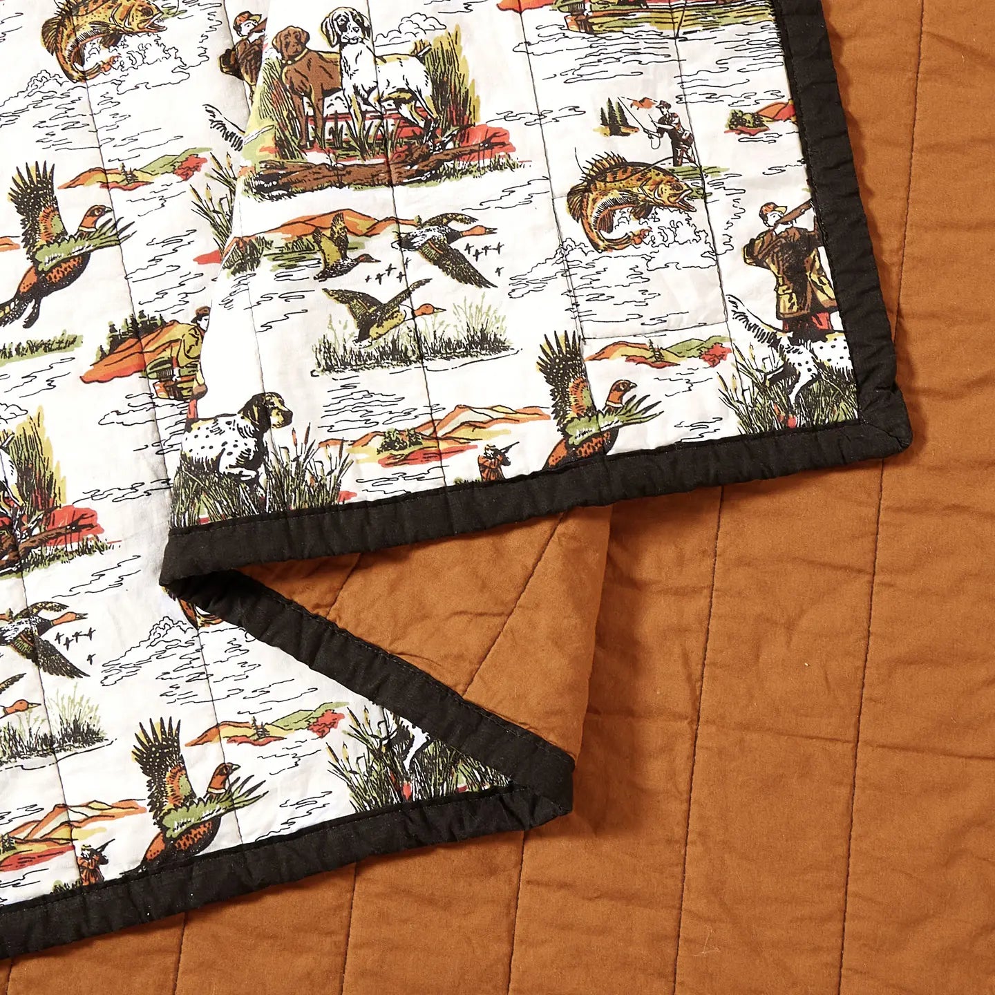Peking Camp Wandawega Sportsmens Quilt Twin Set features solid brown cabin bedding and detailed, visible stitched design.