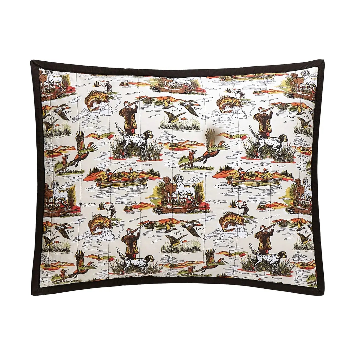 Peking Camp Wandawega Sportsmens Twin Quilt Set features hunting toile design, lodge decor style, and bold black border.