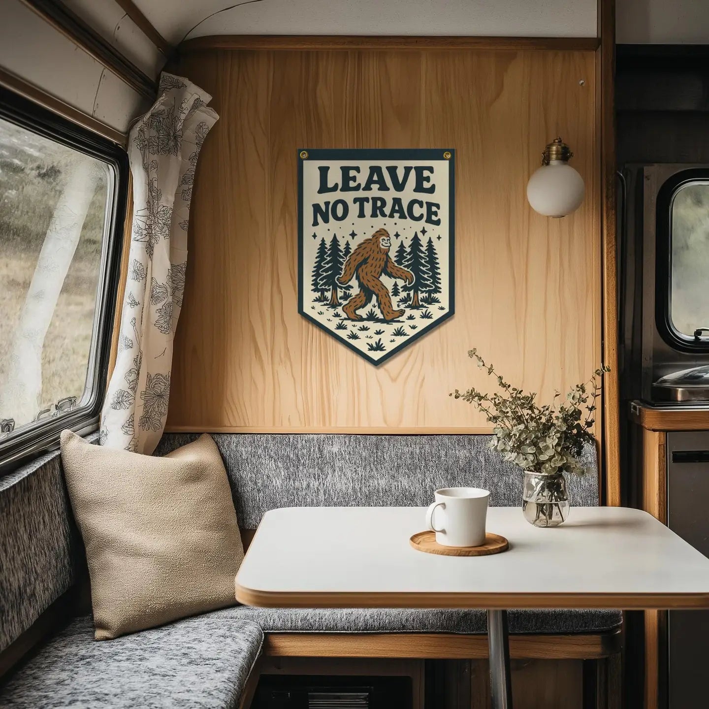 RV interior with table, ceramic mug, vase, and Benoit Leave No Trace Bigfoot Banner Pennant hanging on the wall for decor.