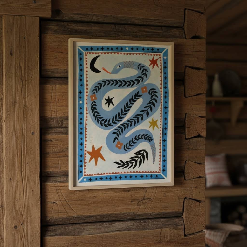 Carole Hillman French Folk Snake Serpent A4 print adds rustic charm as unique wall art in a cozy wooden cabin interior.