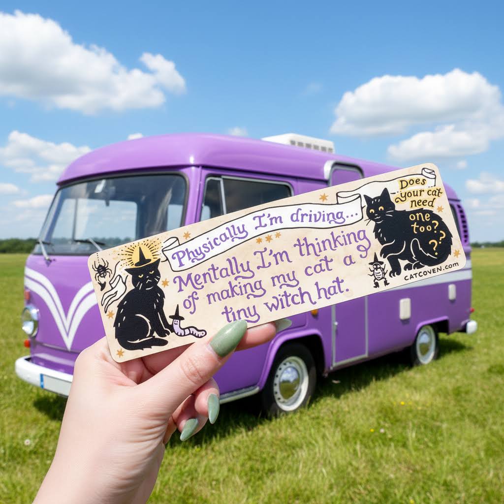 Forager Provisions LTD Cat Coven witch hat car magnet held in hand in front of a purple campervan in a sunny field.