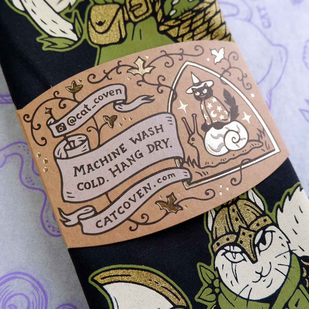 Forager Provisions LTD Cat Coven Join Our Quest cotton bandana featuring whimsical fantasy cat artwork on black fabric