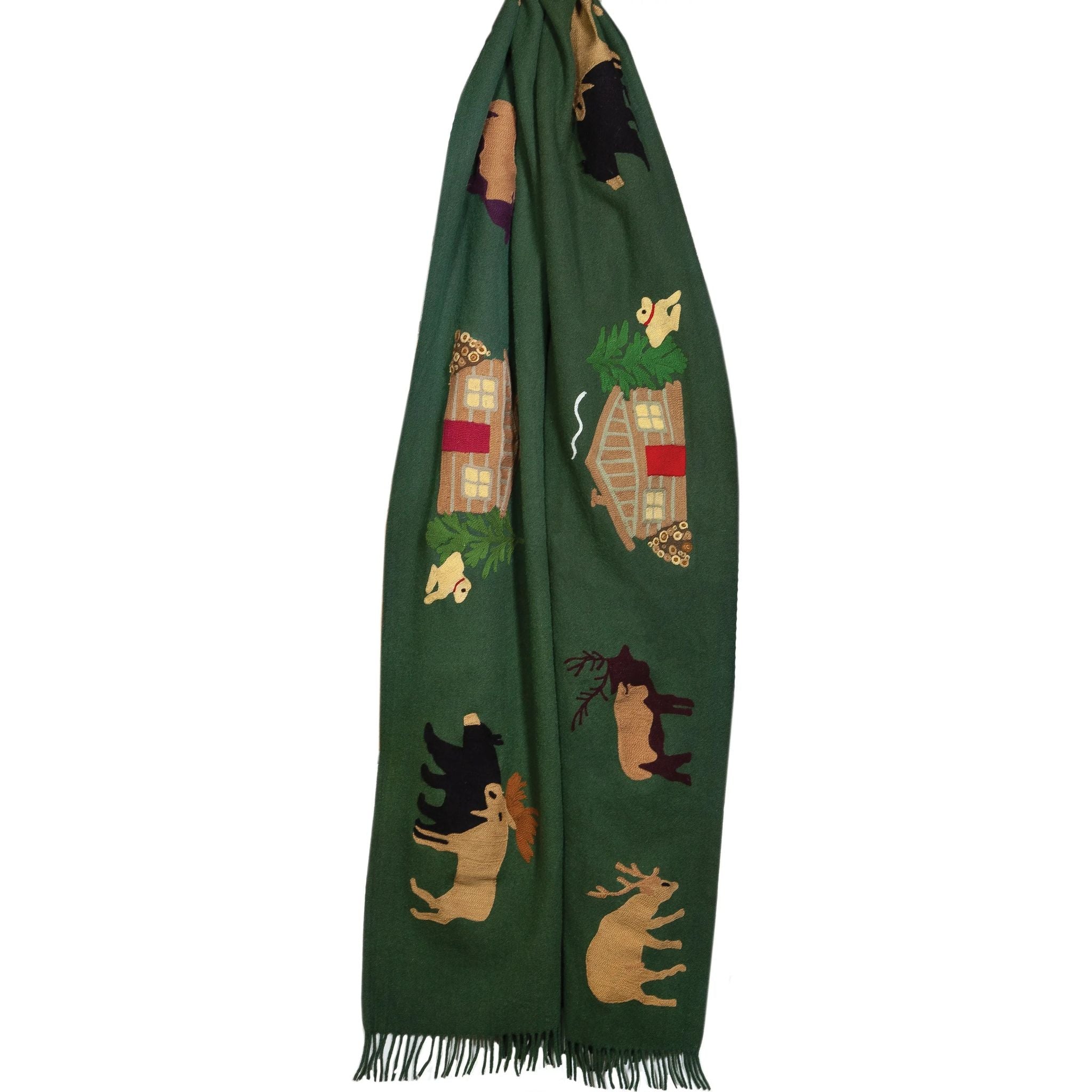 The Chandler 4 Corners Embroidered Blanket - Cabin, a cozy wool blend piece, features charming embroidery of cabin life scenes and animals such as bears, moose, birds, and deer in various colors.