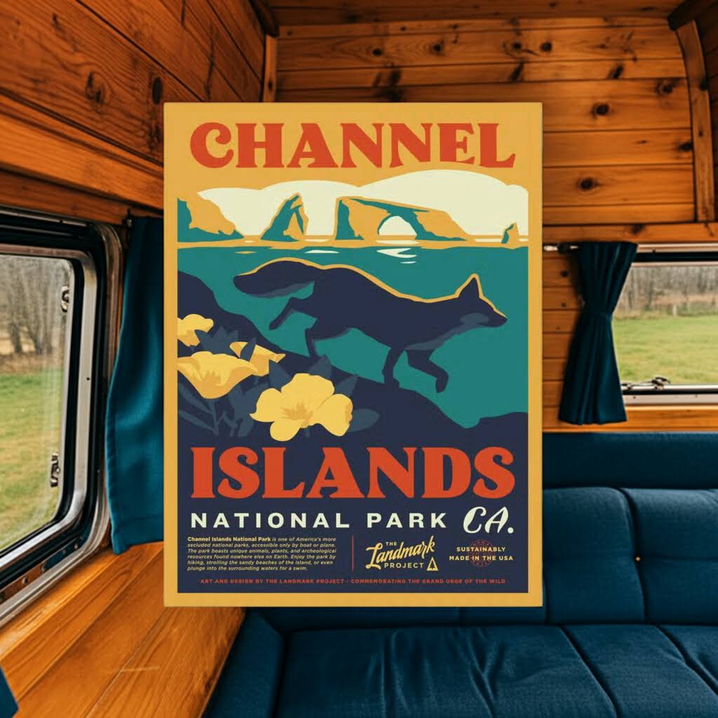 Forager Provisions LTD 12x16 The Landmark Project Channel Islands National Park poster featuring a fox in a camper van