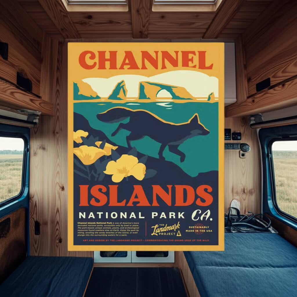 Forager Provisions LTD The Landmark Project Channel Islands National Park poster featuring a fox and coastal cliffs.