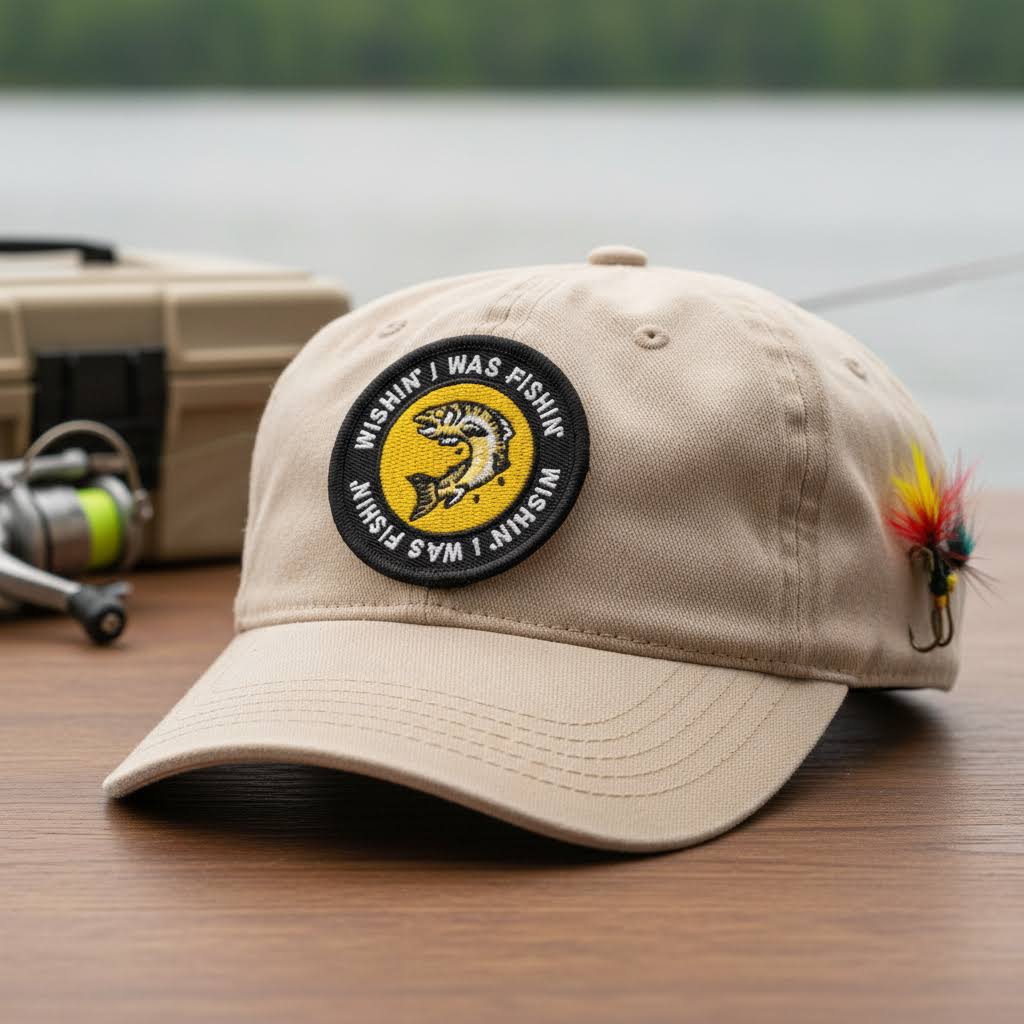 Union Made Circle Iron On Patch - Wishing I was Fishing