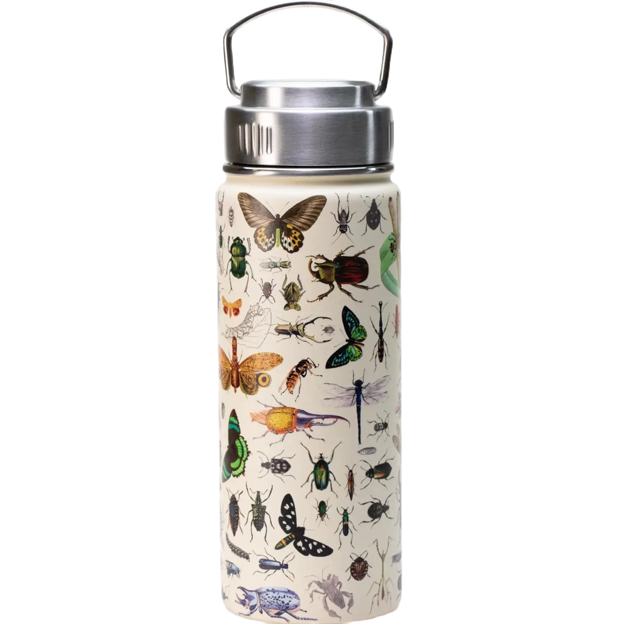 The Cognitive Surplus Vacuum Insulated 500ML Flask Sealed Insects is a cream-colored, BPA-free flask adorned with vibrant insect illustrations and equipped with a silver metal cap that has a handle for easy carrying.