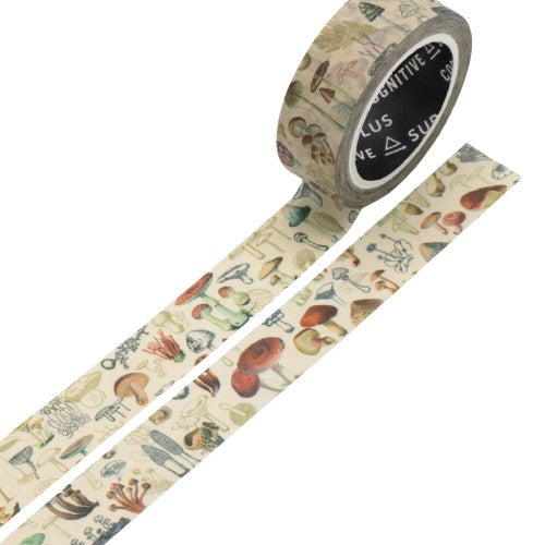 A roll of Cognitive Surplus Washi Tape Mushrooms, adorned with various mushroom illustrations, with two strips of the tape laid out to showcase the design.