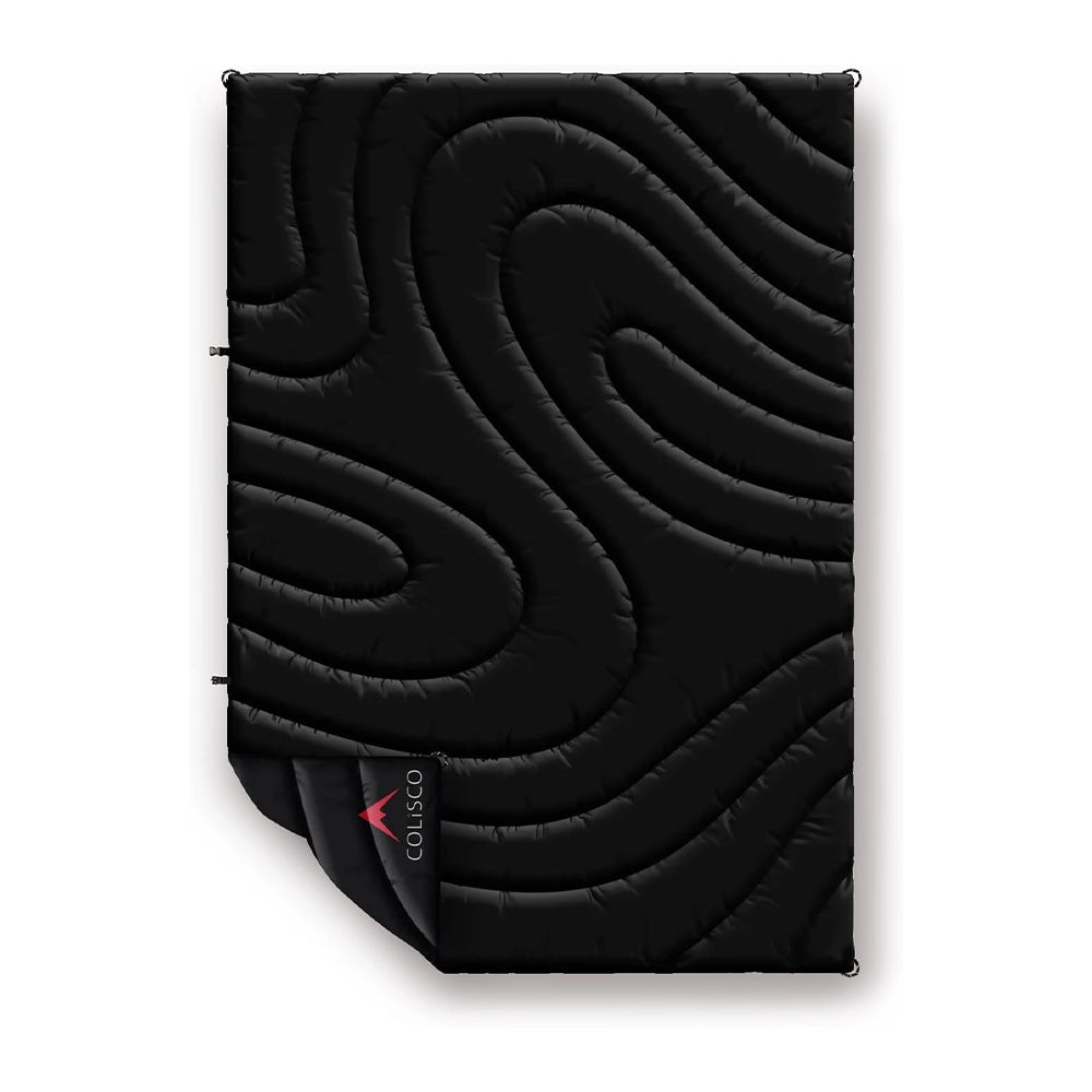 Black quilted Colisco Lunar Colorado Mountain Peaks Camping Blanket, 52x75, lightweight, packable, perfect for outdoors.