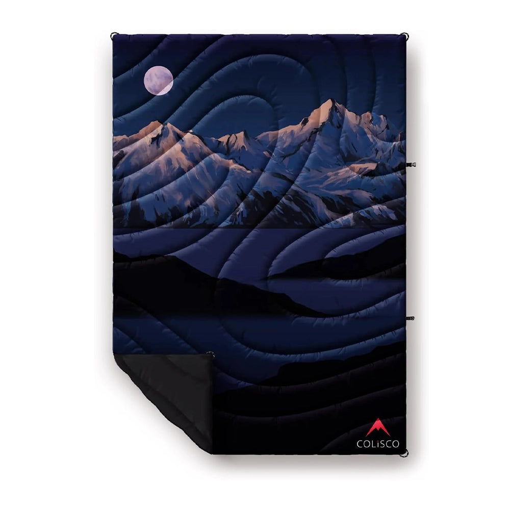 Colisco Lunar Colorado Mountain Peaks Poly Puff Camping Blanket, 52”x75”, packable, full moon design; outdoor gear.