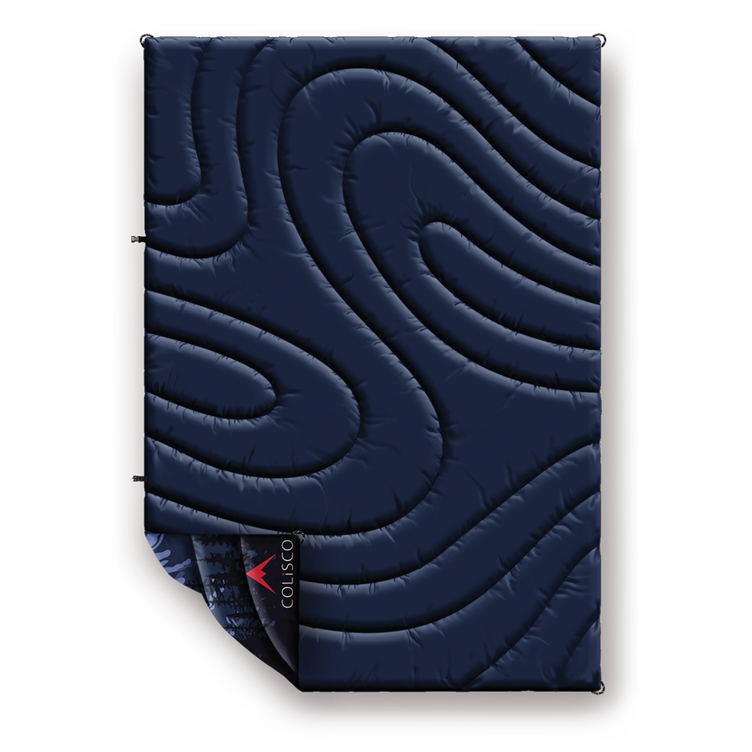 Colisco Mountain Peaks Puff Camping Blanket in navy blue, 52x75, wavy stitched, partially folded for outdoor adventures.