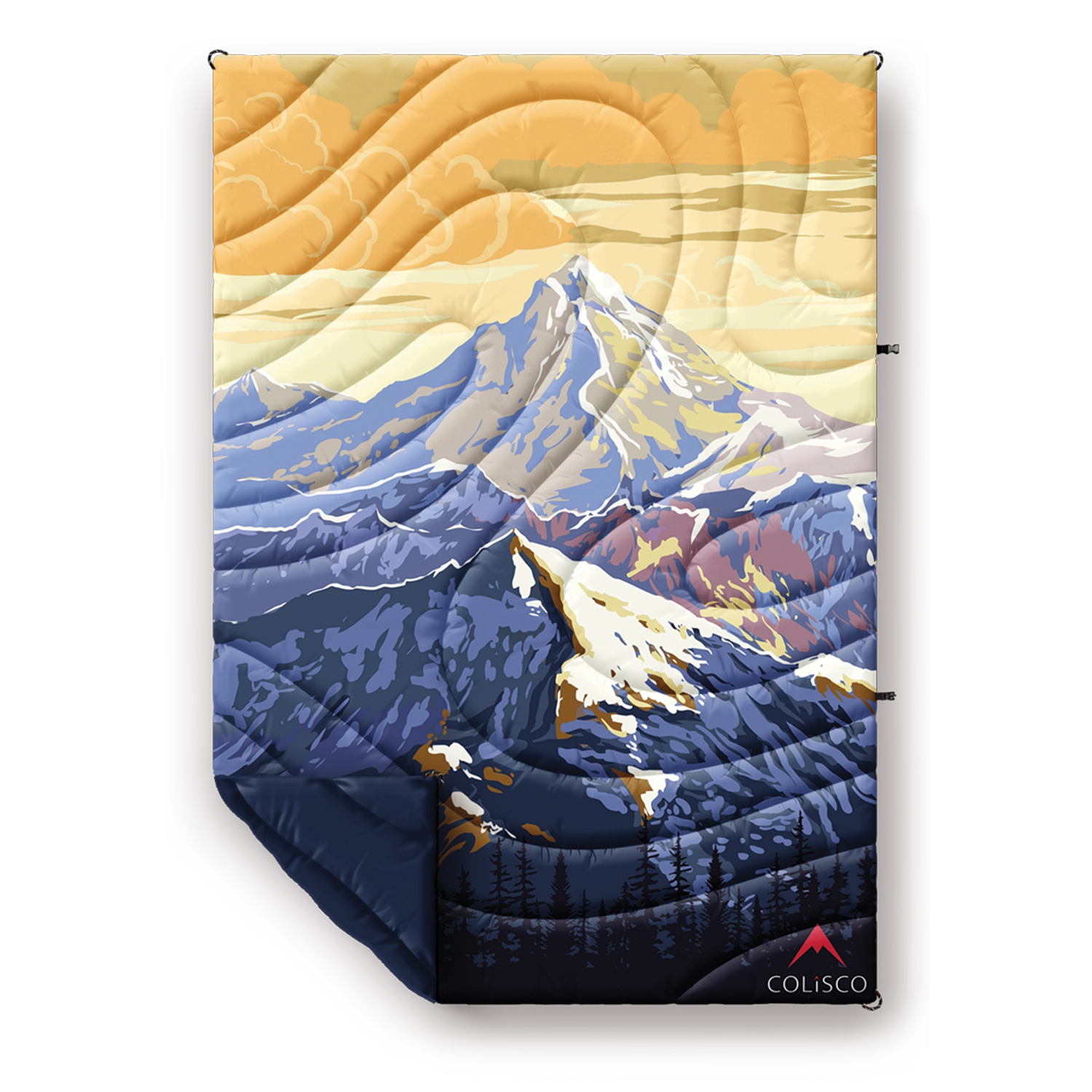 Snow-capped mountain under vibrant orange sky on Colisco Mountain Peaks Puff Camping Blanket 52x75—cozy, durable outdoor gear.