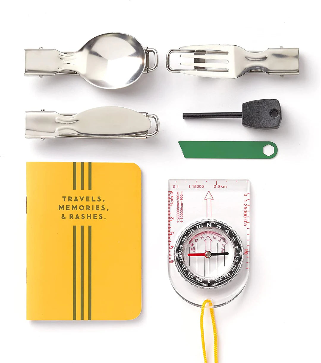 Get Lost On Purpose camping kit by Brass Monkey: spork, fire starter, compass & notebook—perfect outdoor adventure gift set.