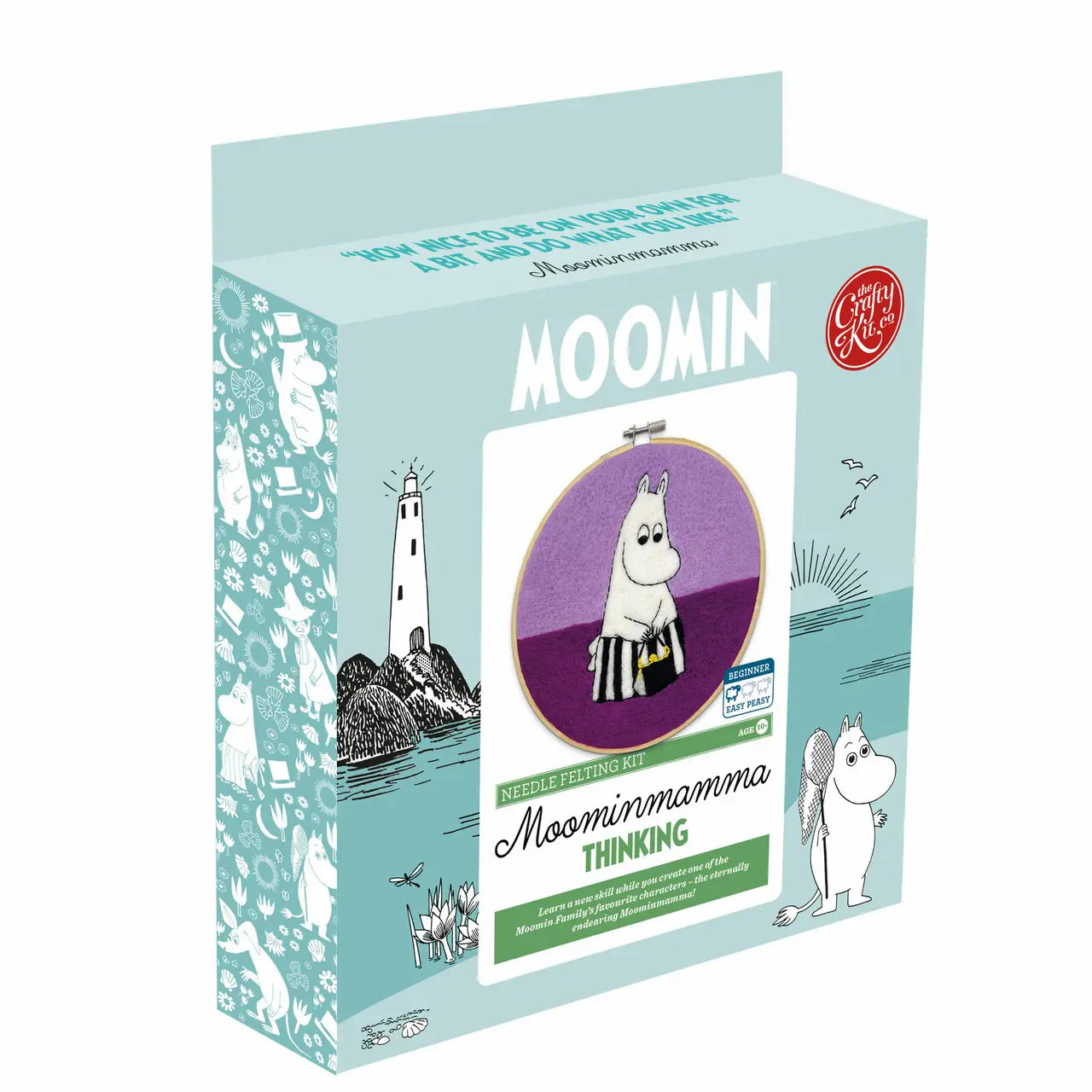 The Crafty Kit Company's Moonminmama Thinking Cross Stitch kit features Moominmamma on a purple background with "MOOMIN" text.