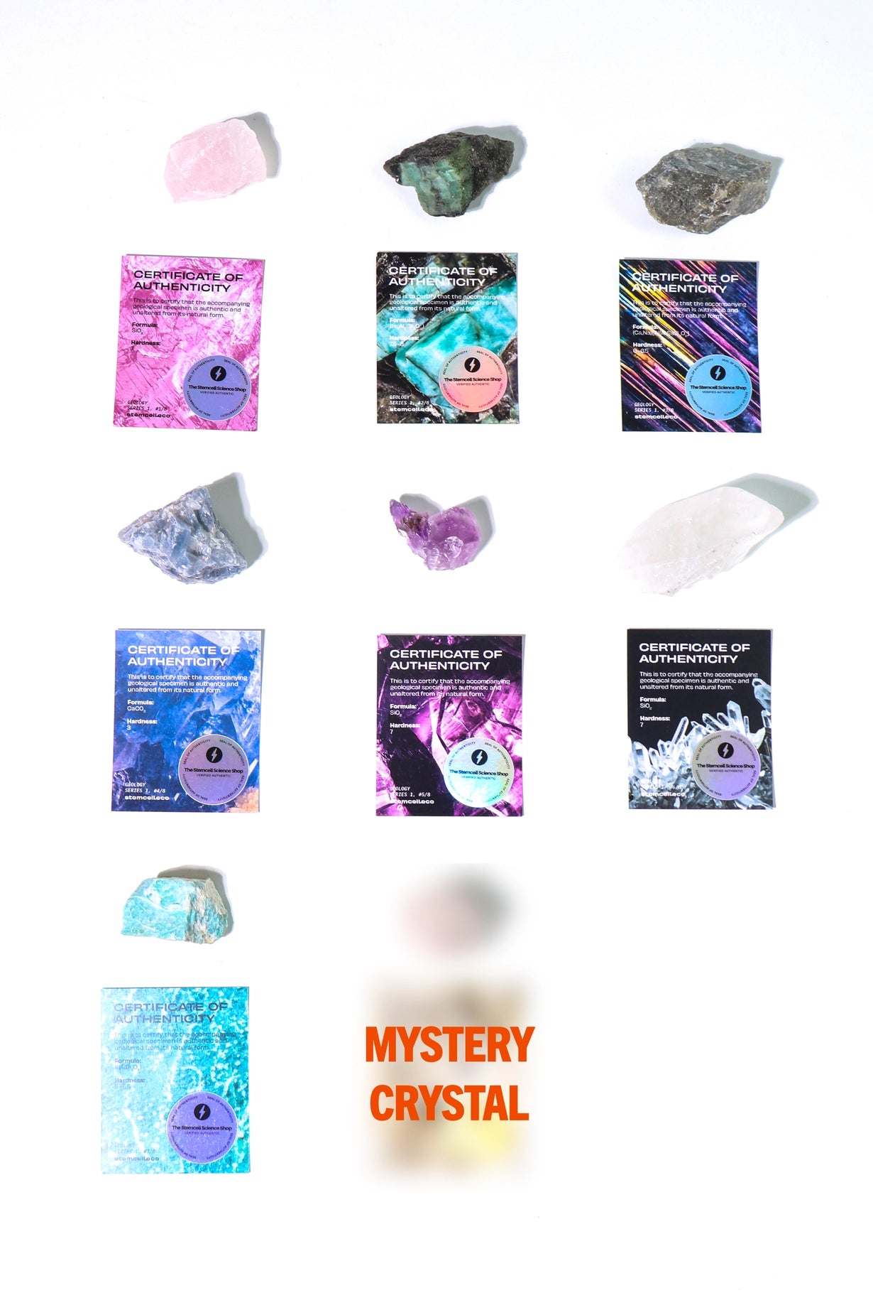 Nine authentic Stemcell Science Geological Crystals plus a blurred “MYSTERY CRYSTAL” offer unique geology learning and fun.