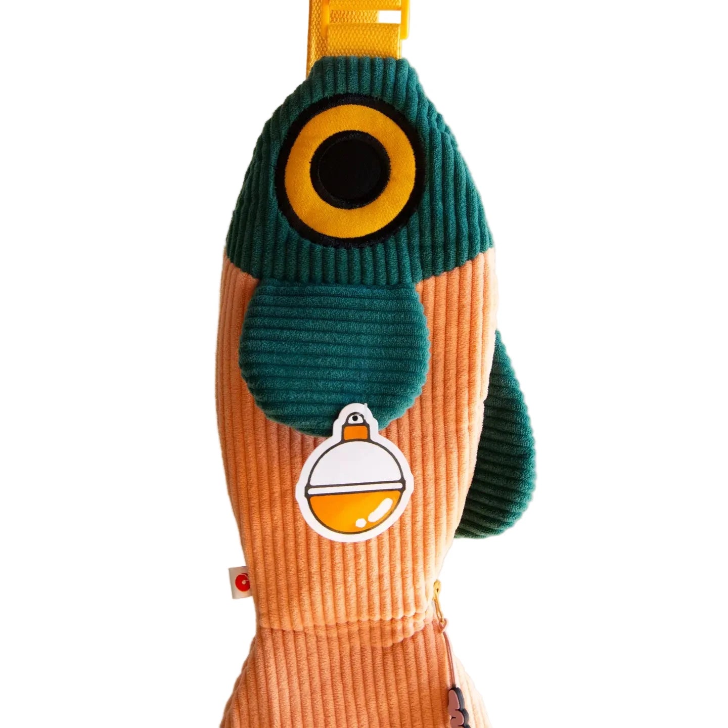 Curlworks The Fish Bag coral salmon & dark green quirky crossbody purse, stylish with round tag. Unique designer bag by Curlworks.