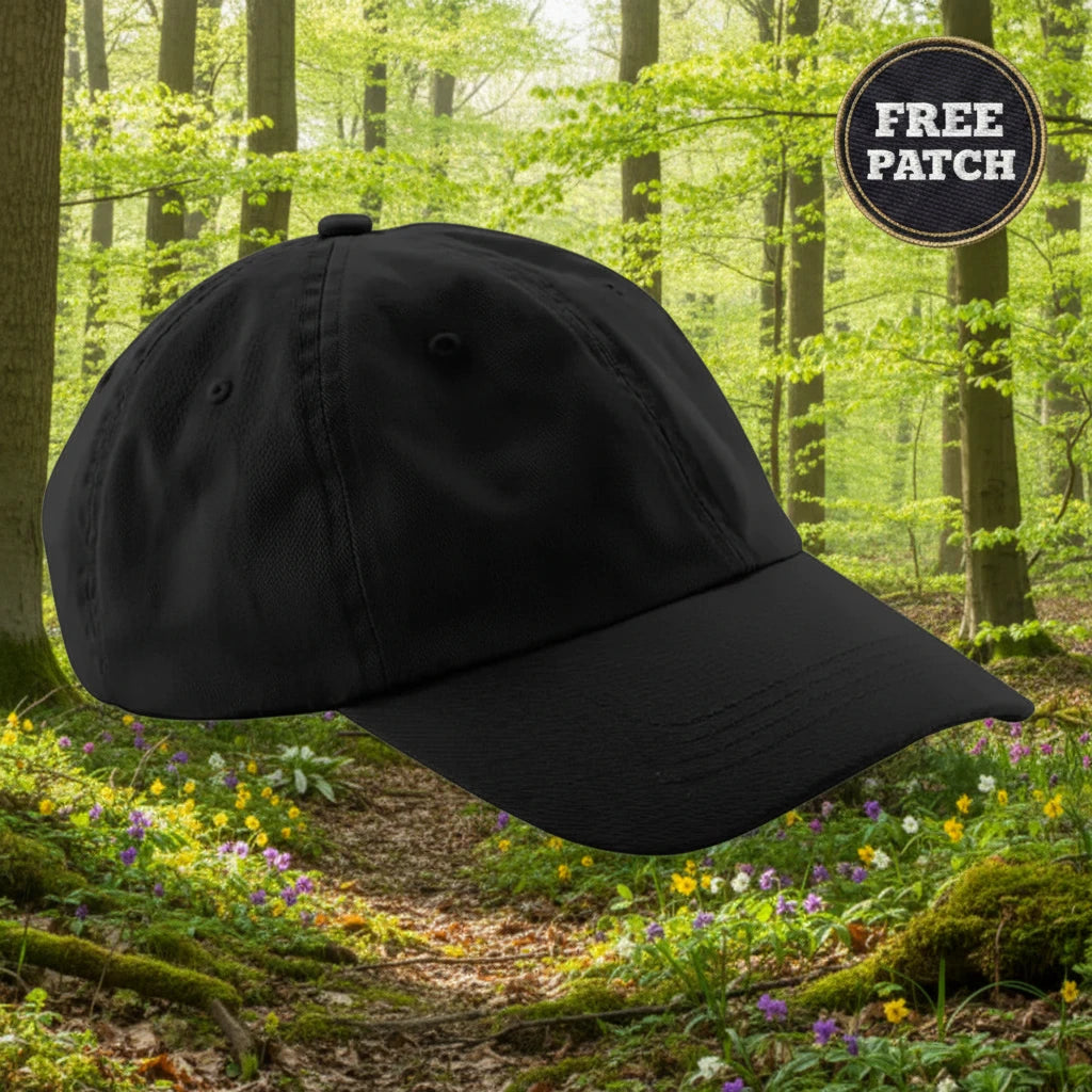 Forager Provisions Patch Your Cap! black 6-panel cotton dad cap, curved brim, stylish adjustable hat on white background.