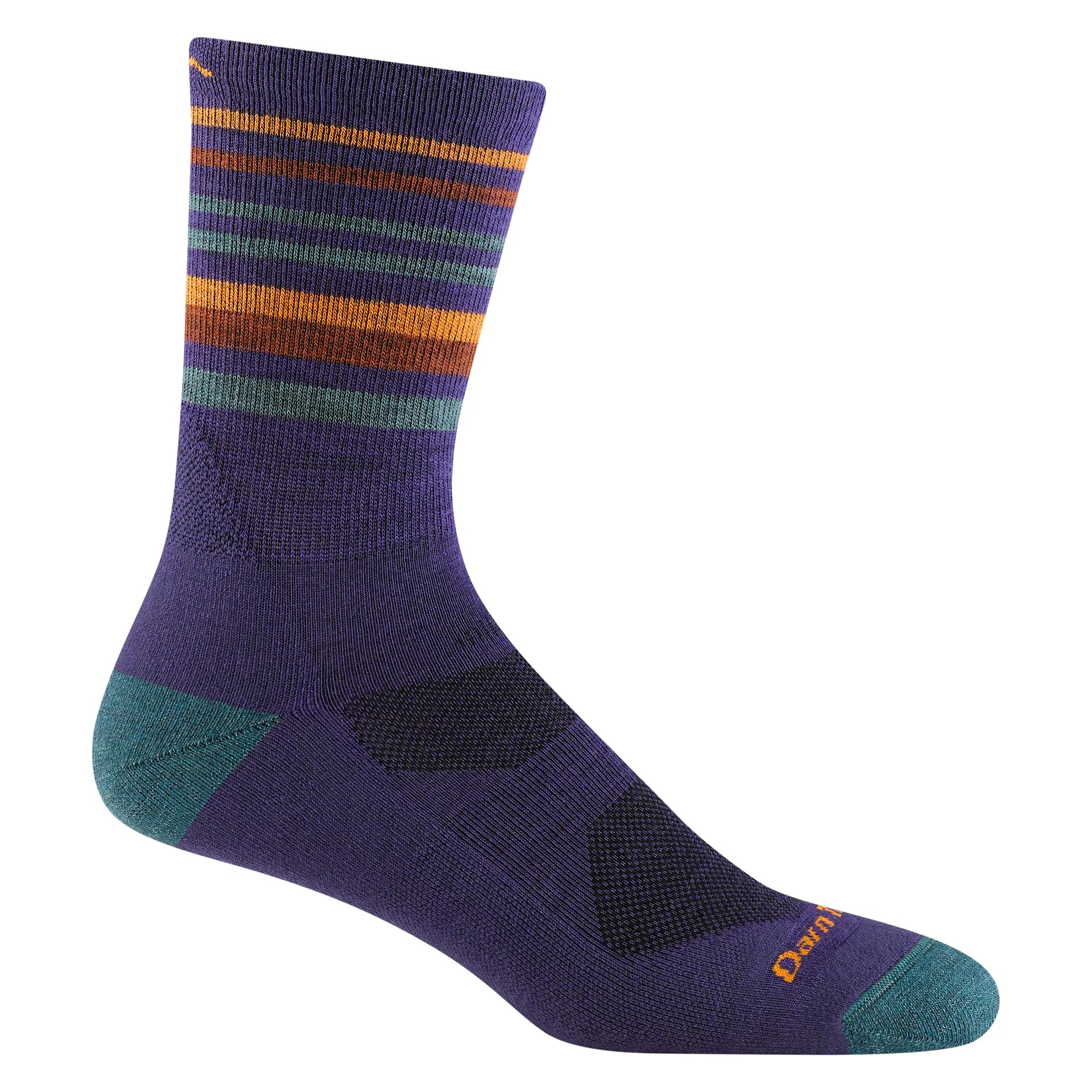 The Darn Tough Vermont Hike Trek Unisex Micro Crew 5012 Blackberry Socks showcase colorful horizontal stripes in orange, yellow, green, and blue. These socks feature a teal heel and toe, making them perfect for hiking or adding a vibrant touch to your outfit!