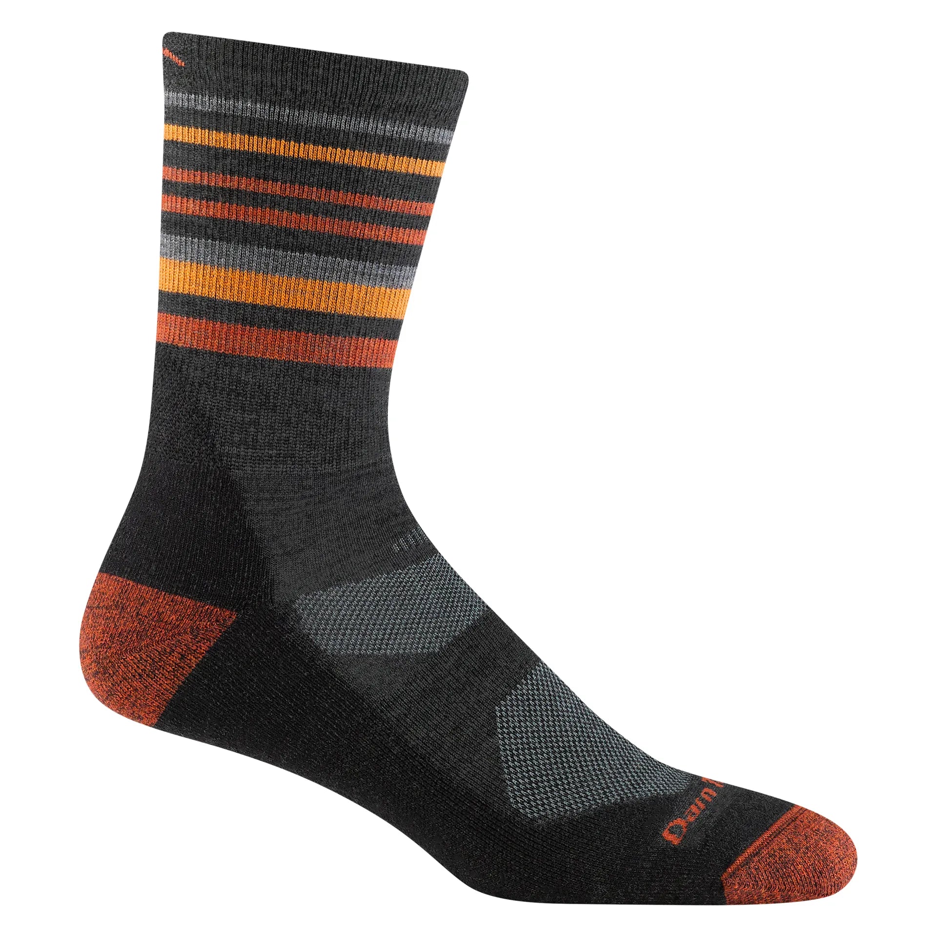 The Darn Tough Vermont Hike Trek Unisex Micro Crew 5012 Charcoal Socks showcase a design of orange, yellow, and gray horizontal stripes, crafted from soft Merino wool and featuring a reinforced orange heel and toe.