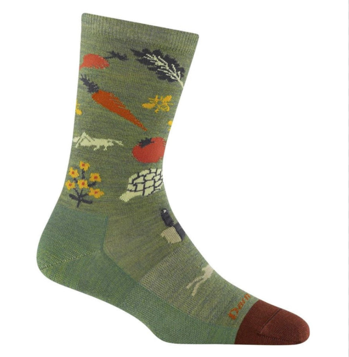 Forager Provisions LTD Darn Tough lightweight merino wool crew socks in willow green with a playful vegetable pattern