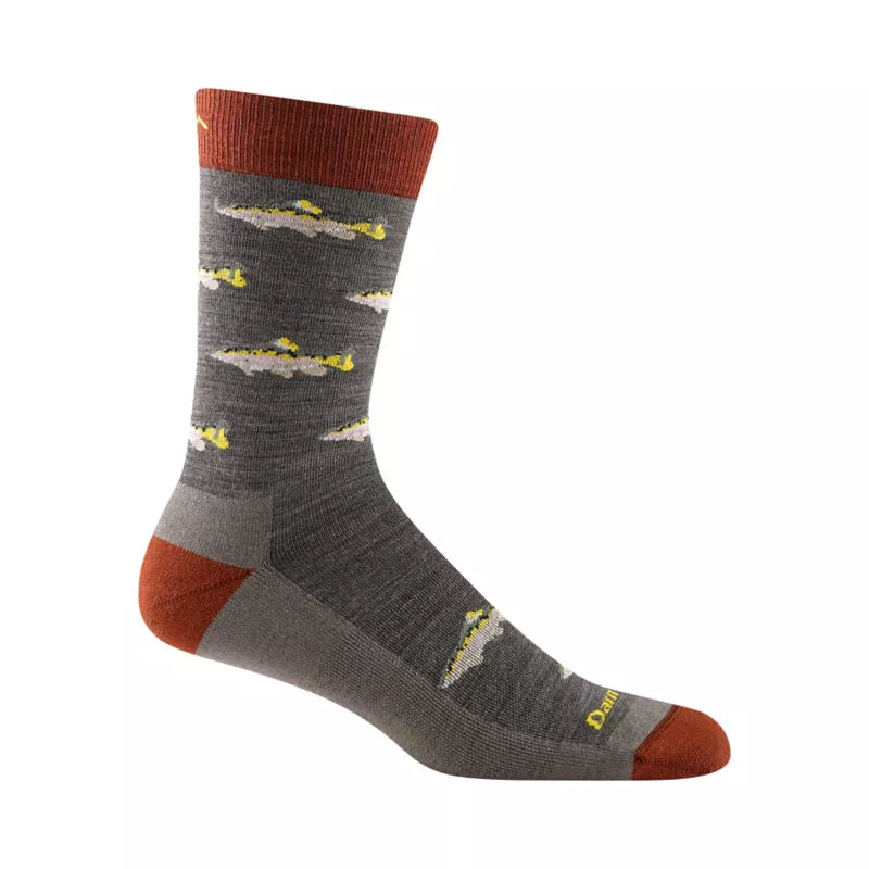 The Darn Tough Vermont Lifestyle 6085 Taupe Spey Fly Socks are single grey socks with brown toe, heel, and cuff edges, featuring a pattern of yellow and white fish. Perfect for fish enthusiasts, these lightweight crew socks combine comfort and style.