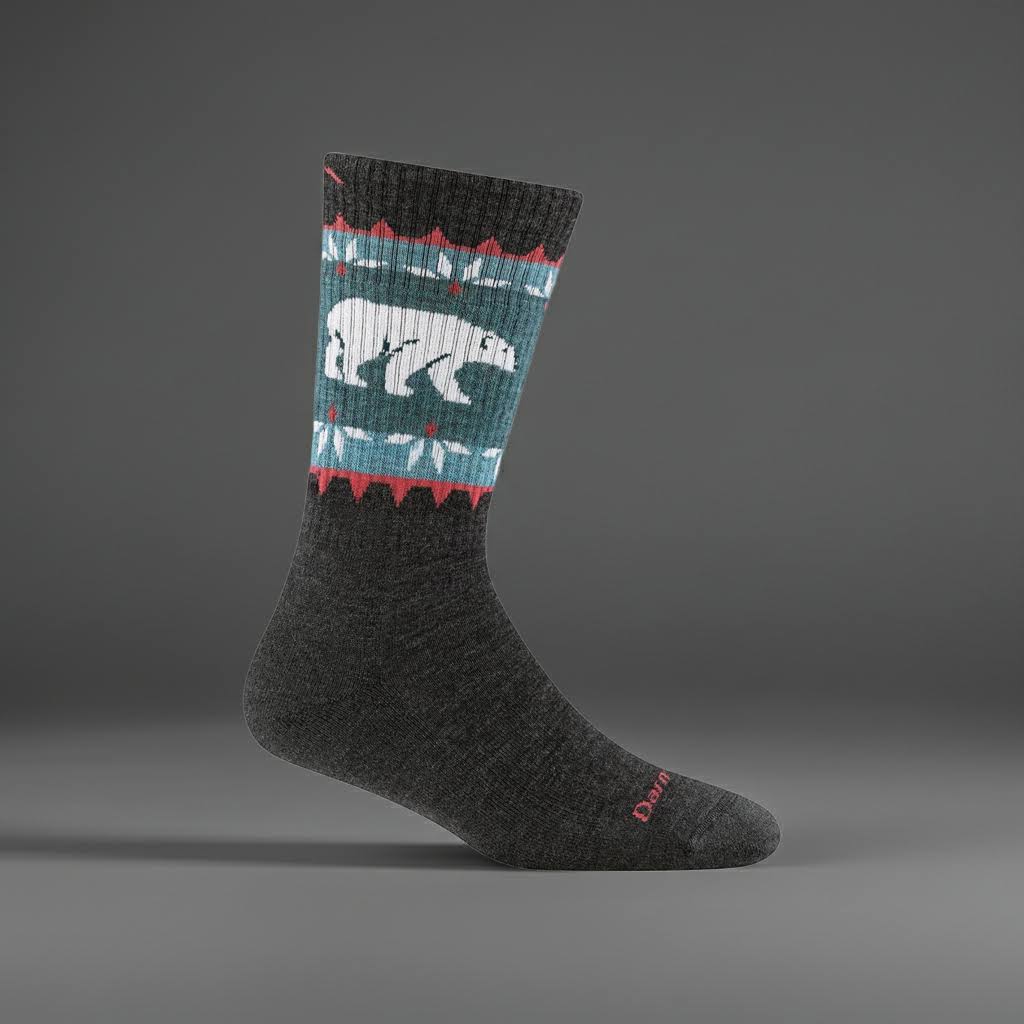 Forager Provisions LTD Darn Tough charcoal merino wool hiking socks with a white polar bear and geometric pattern