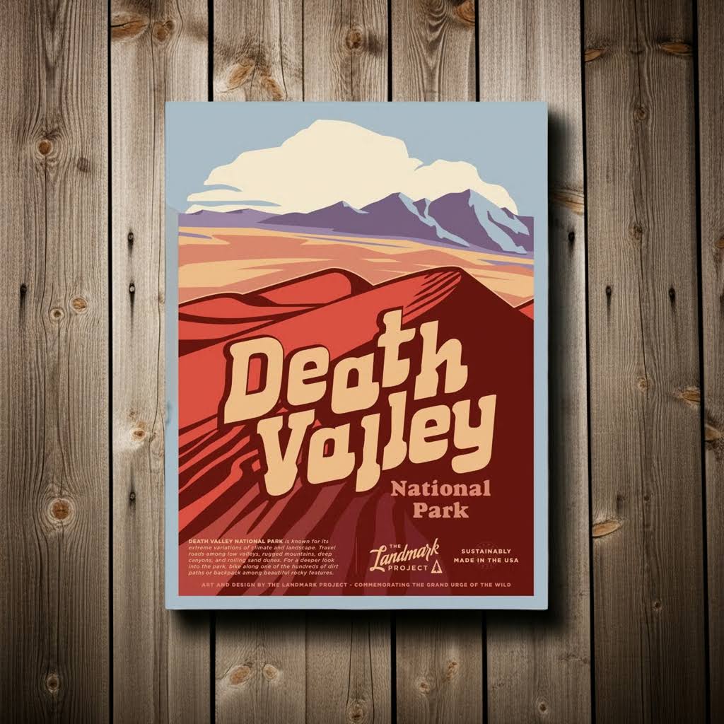 Forager Provisions LTD 12x16 Death Valley National Park illustrated art poster on a rustic wooden background.