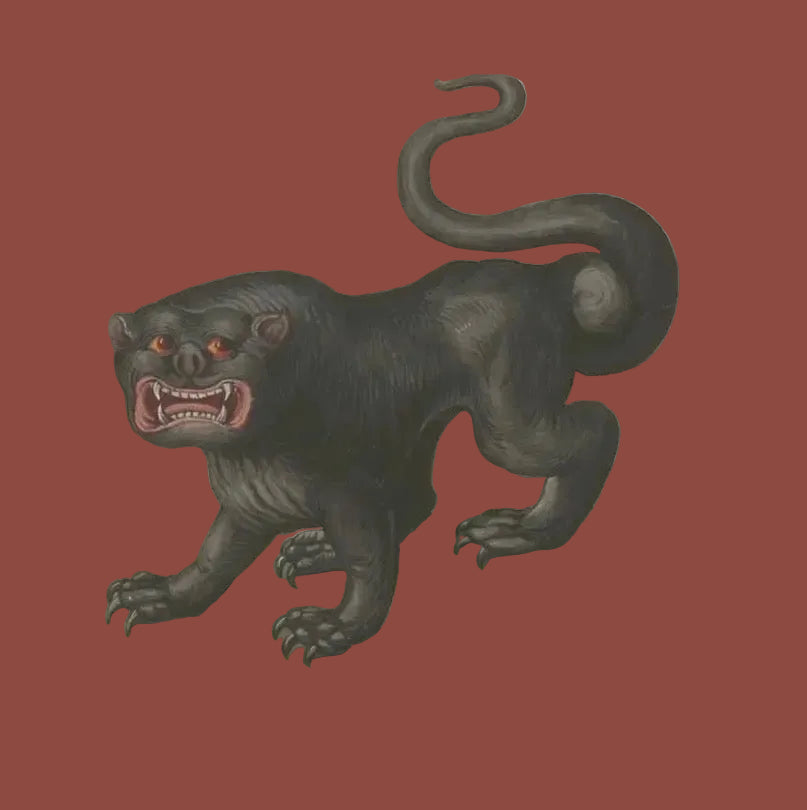 Betiobca coaster shows a bold black medieval dog with red eyes on vivid red, perfect for unique home bar decor and gifts.