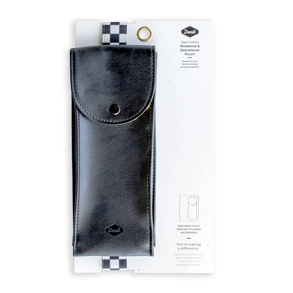 Denik Checkers Black Vegan Leather Notebook Pouch, stylish and functional, shown on white card with product information.