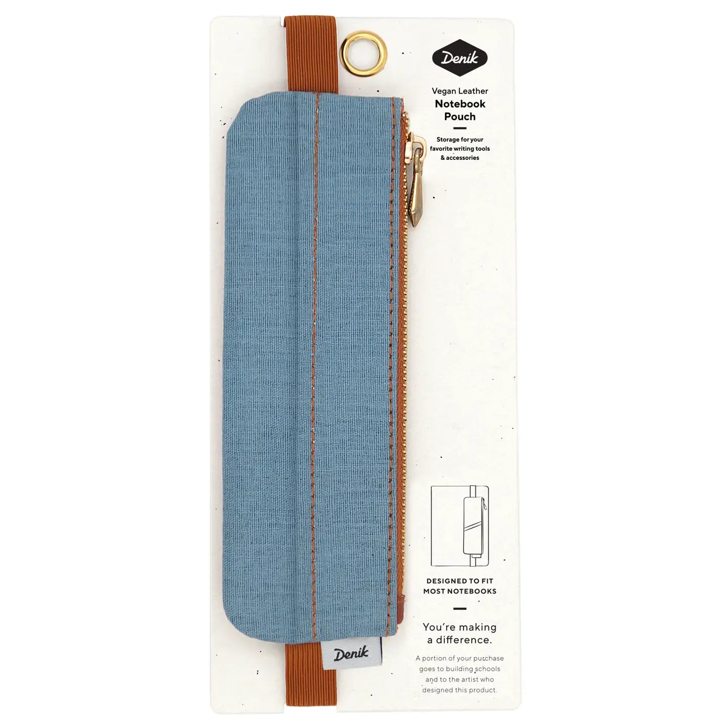 Denik Denim Distressed Blue Notebook Pouch—stylish organizer with brown elastic band for pens, cards, essentials; perfect travel case.