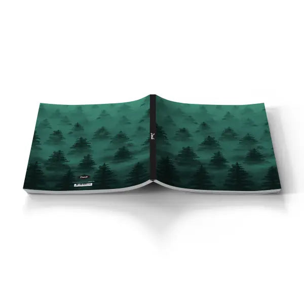 Forager Provisions LTD Denik Silence of Nature medium layflat journal with a green misty forest cover design.