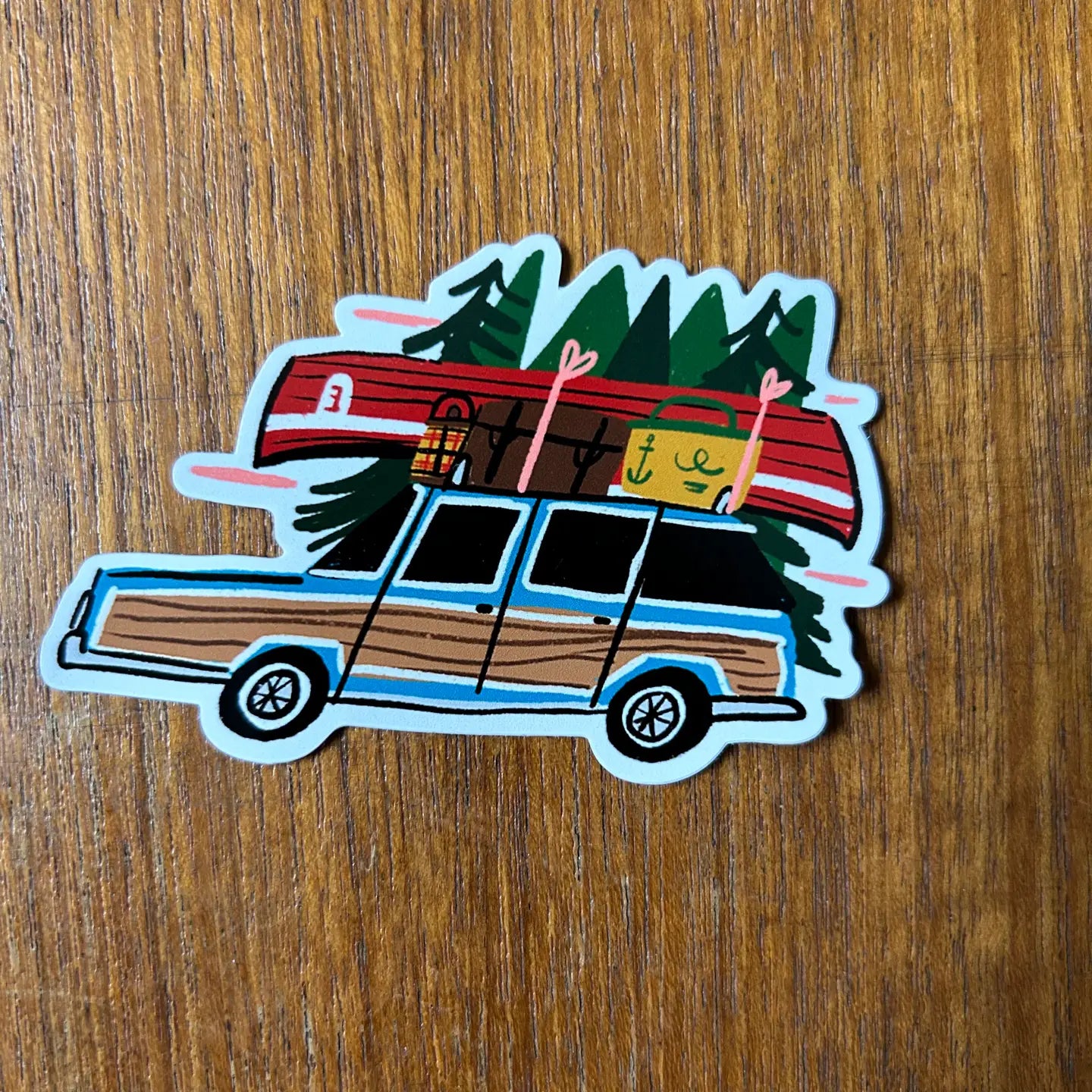 Dick Vincent Sticker—iconic American camping car packed with travel gear, perfect for adventure lovers and outdoor road trips.