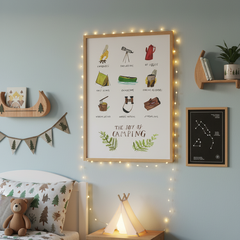 Dick Vincent camping print with 9 whimsical activities, nature art, perfect for outdoor lovers and rustic home decor wall art.