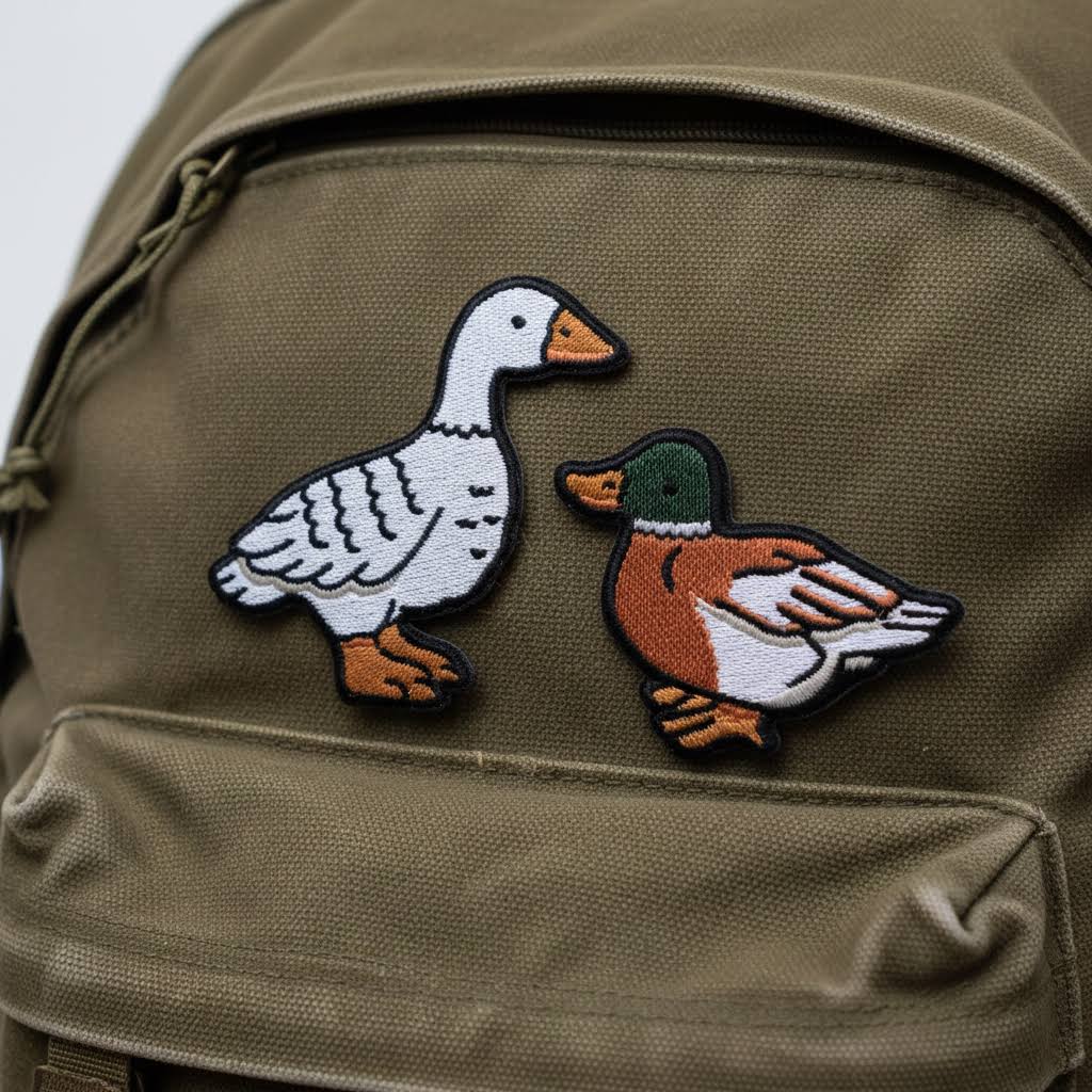Forager Provisions LTD Stay Home Club sticky patches featuring illustrated goose and mallard duck on an olive backpack