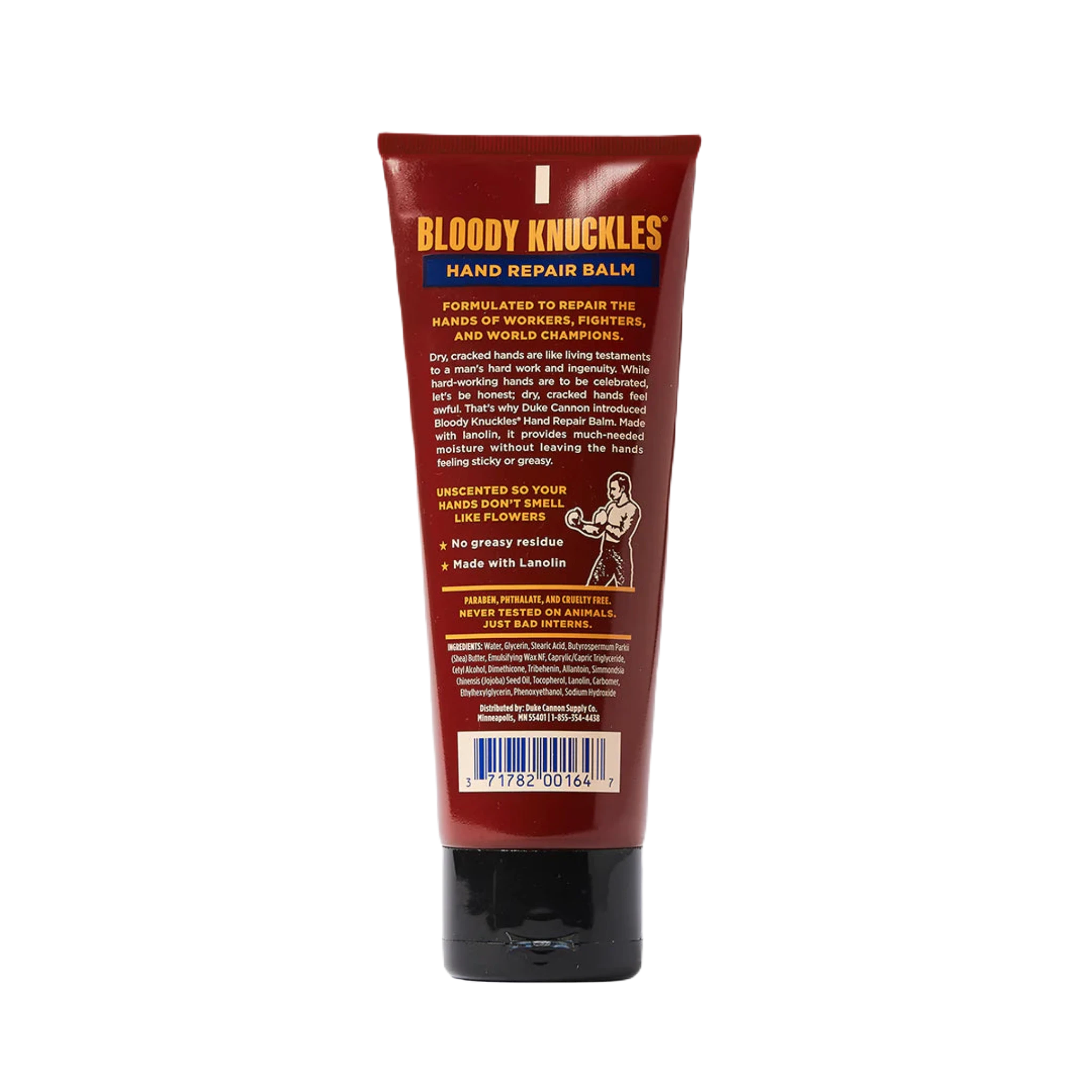 A red tube of Duke Cannon Bloody Knuckles Hand Repair Balm, labeled as fragrance-free and ideal for dry, cracked hands, with proceeds supporting U.S. veterans.