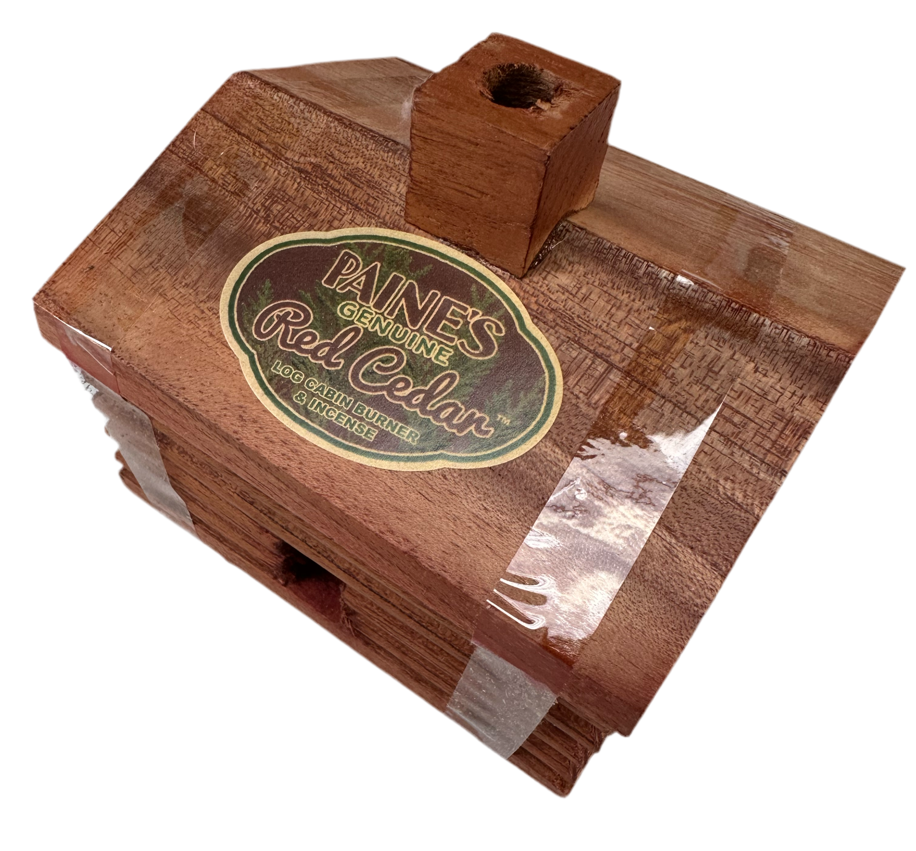 Red Cedar 10 Incense Log Cabin with chimney, decorative label; perfect for burning incense sticks in home or cabin decor.