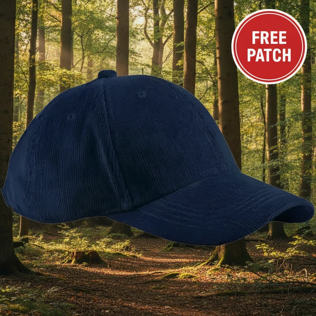 Forager Provisions Earthaware® Navy Cord Baseball Cap on gray backdrop, eco-friendly hat, sustainable headwear product image.