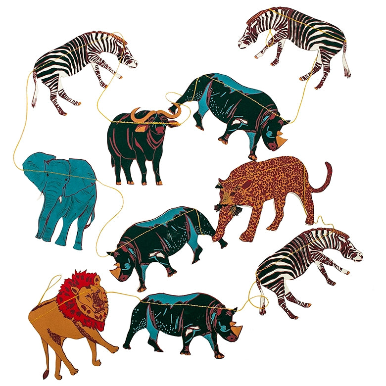 East End Press Safari Animals Garland—eco-friendly decor with lion, zebra & more. Handmade sustainable party bunting.