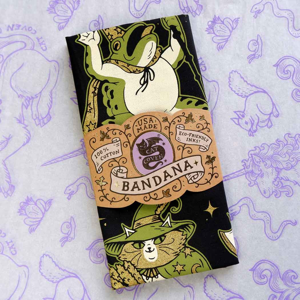 Forager Provisions LTD Cat Coven Join Our Quest cotton bandana featuring whimsical frog and cat wizard illustrations.