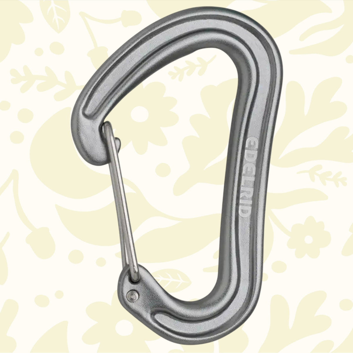 A lightweight Edelrid Carabiner Quick Draw Nineteen G - Slate, featuring a silver wire-gate mechanism, a slightly curved, asymmetrical design, and crafted from strong aluminium alloy with EN 12275 certification.
