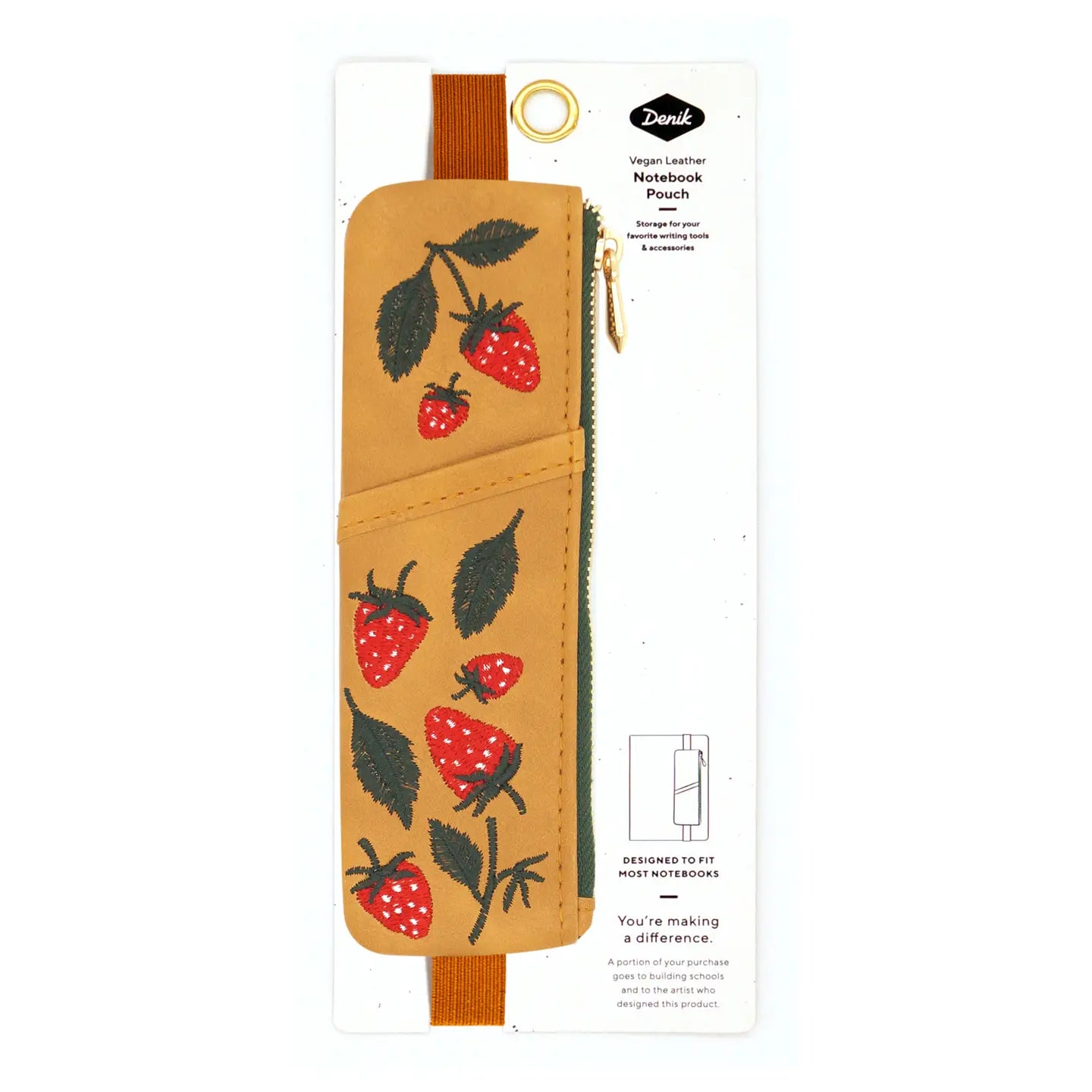 Denik Elana’s strawberry embroidered vegan leather pouch, tan with red strawberries, green leaves & orange elastic closure band.
