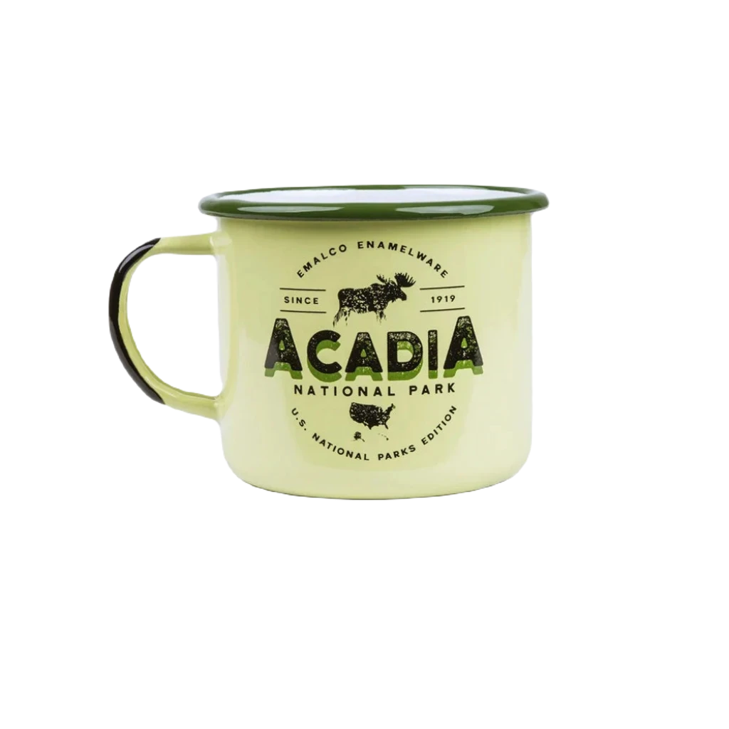 The Emalco Enamelware 22oz Enamel Acadia National Park Mug is a vintage-look green enamel mug decorated with "Acadia National Park" and an image of a moose, making it perfect for U.S. National Parks enthusiasts.