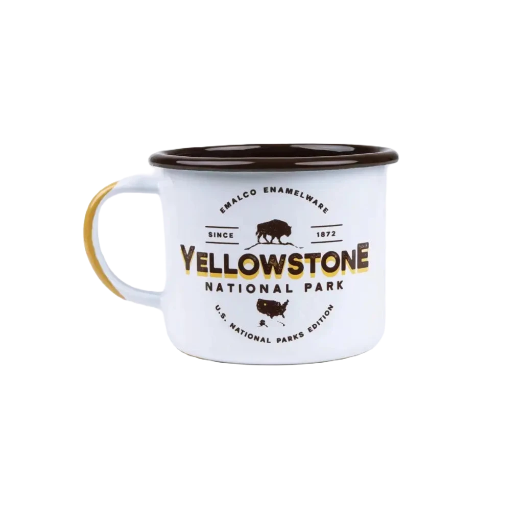The Emalco Enamelware 22oz Enamel Yellowstone National Park Mug is a white enamel mug featuring a black rim and handle. Its logo showcases bison and bear images, celebrating Yellowstone's history since 1872 and honoring John Muir's profound impact on National Parks.
