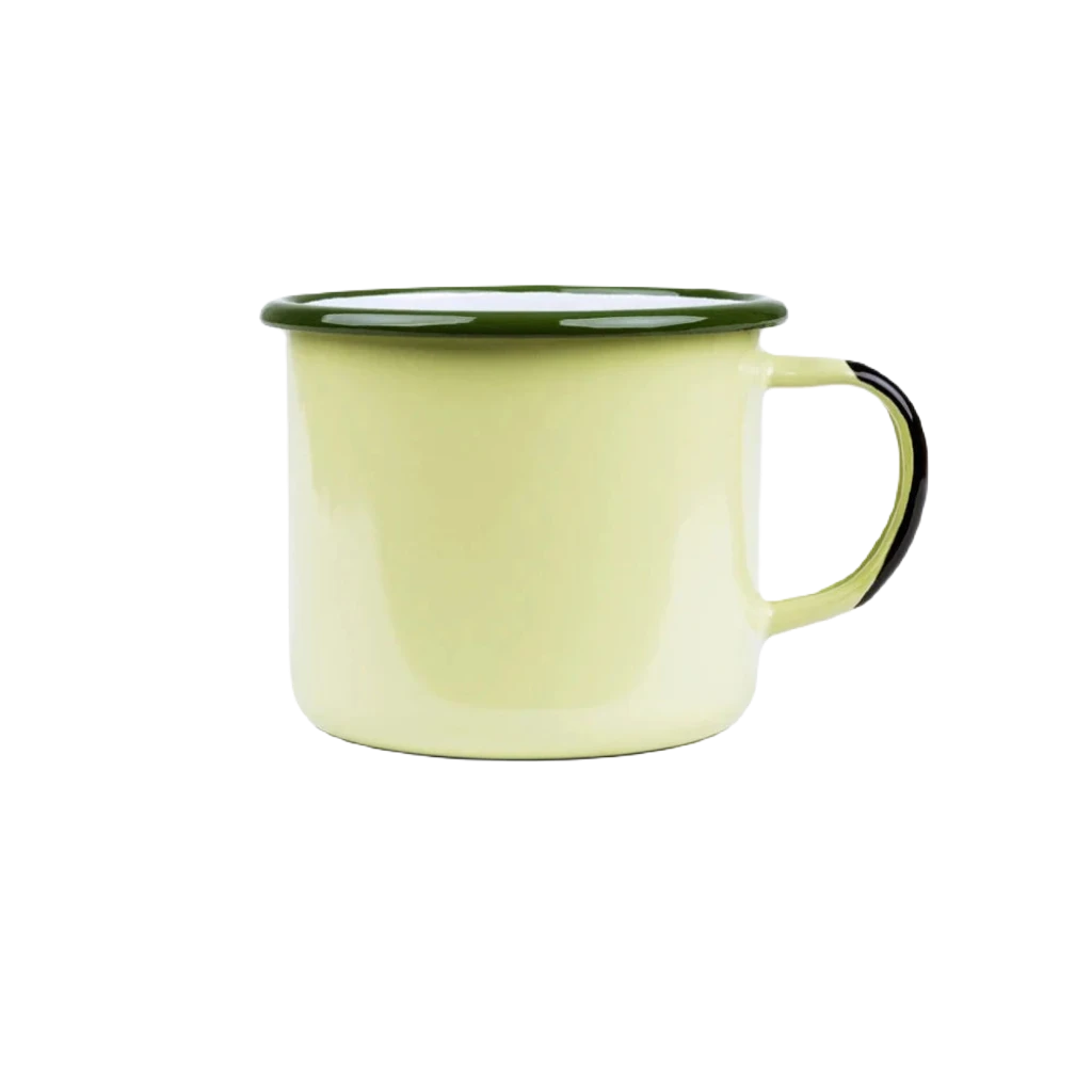 The Emalco Enamelware 22oz Enamel Acadia National Park Mug, featuring a pale yellow finish with a green-rimmed top and handle, evokes a vintage look reminiscent of gear found in U.S. National Parks, set against a plain white background.