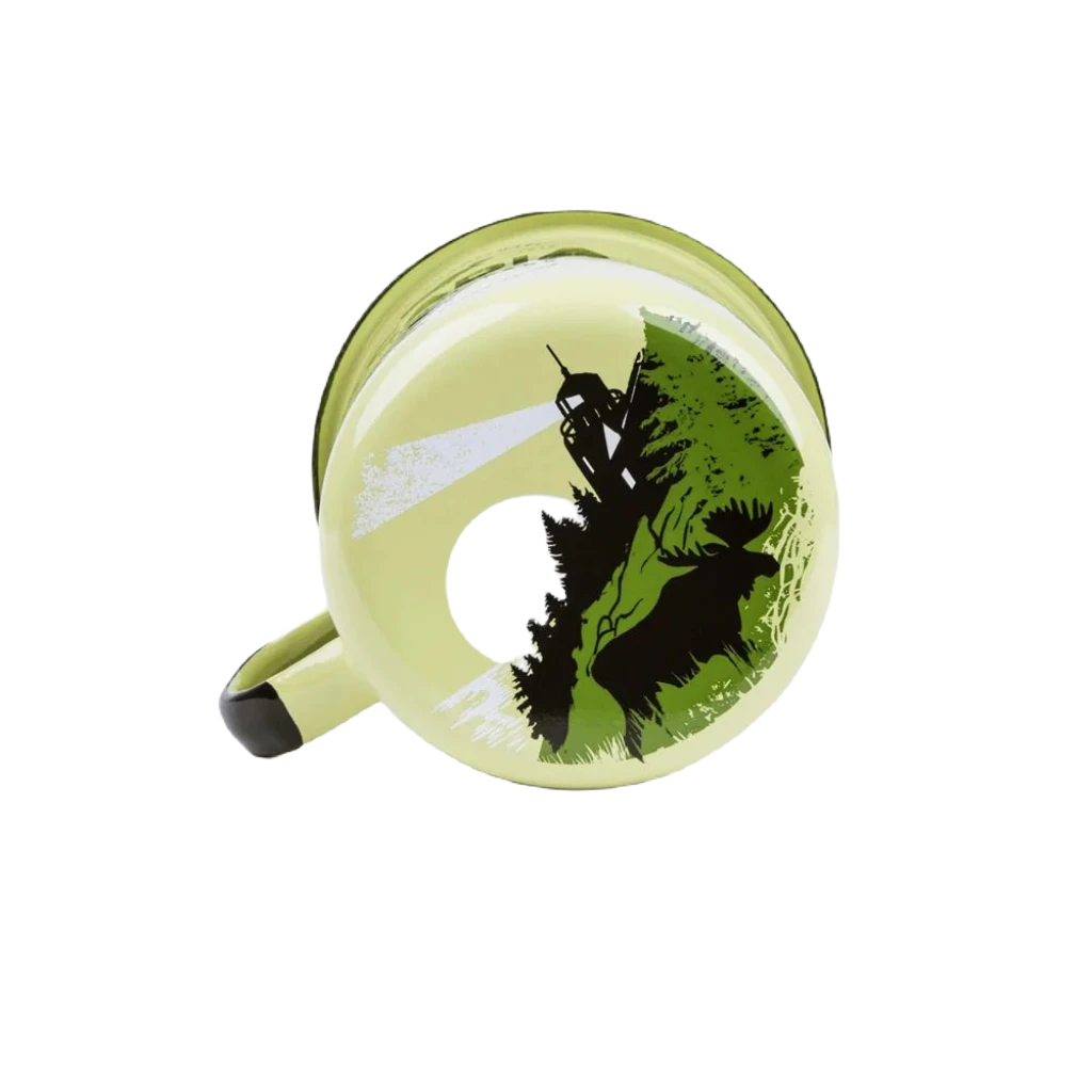 The Emalco Enamelware 22oz Enamel Acadia National Park Mug features a green finish with a black handle, and showcases a picturesque silhouette of trees and a watchtower set against a white backdrop, reminiscent of the vintage charm found in U.S. National Parks.
