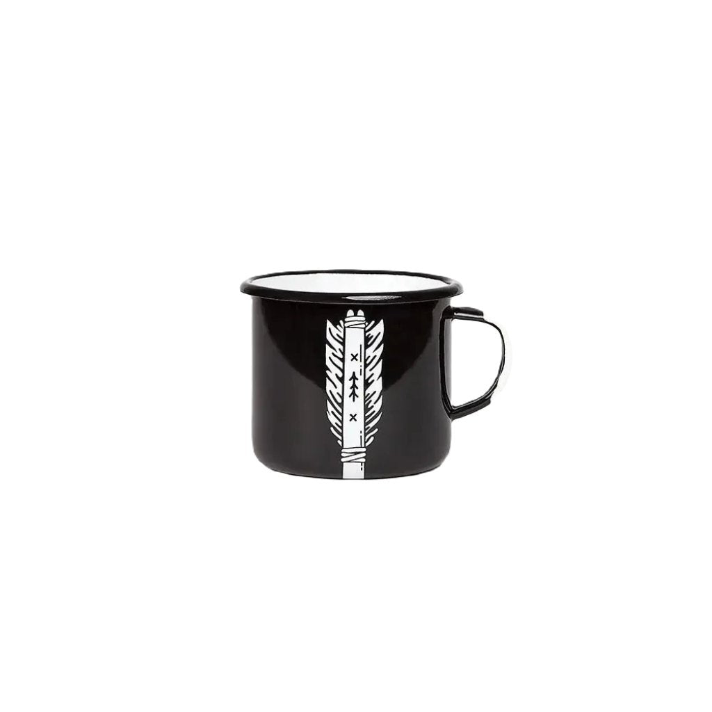 The Emalco Enamelware 16.9oz Enamel Bear & Arrow Mug, beautifully designed with a white feather and the word "natural" on a sleek black enamel surface, crafted from durable material, set against a plain white background. Perfect for your next campfire adventure.
