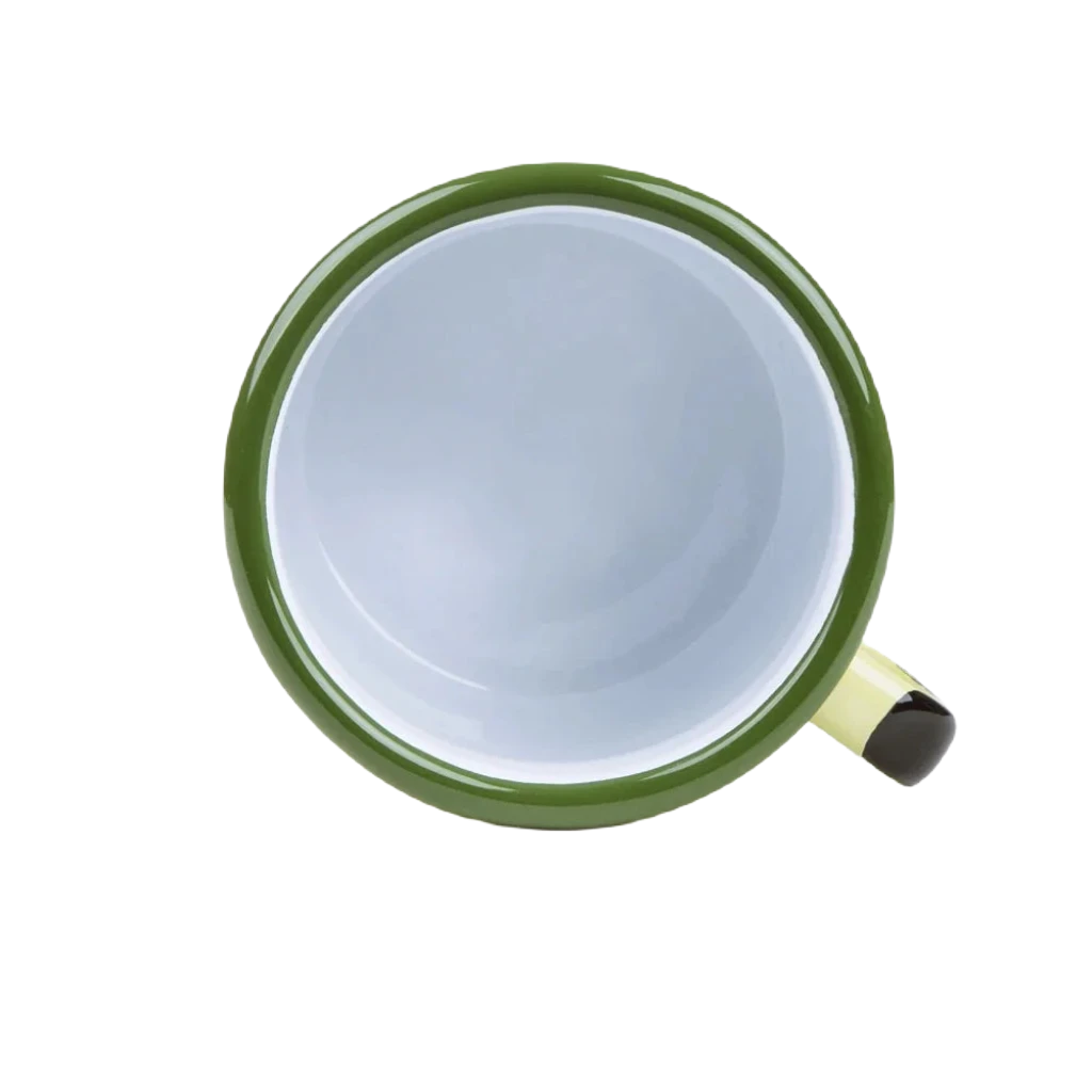 Top view of the Emalco Enamelware 22oz Enamel Acadia National Park Mug, showcasing its green rim and handle, complemented by a light blue interior and exuding a vintage look, placed against a white background.